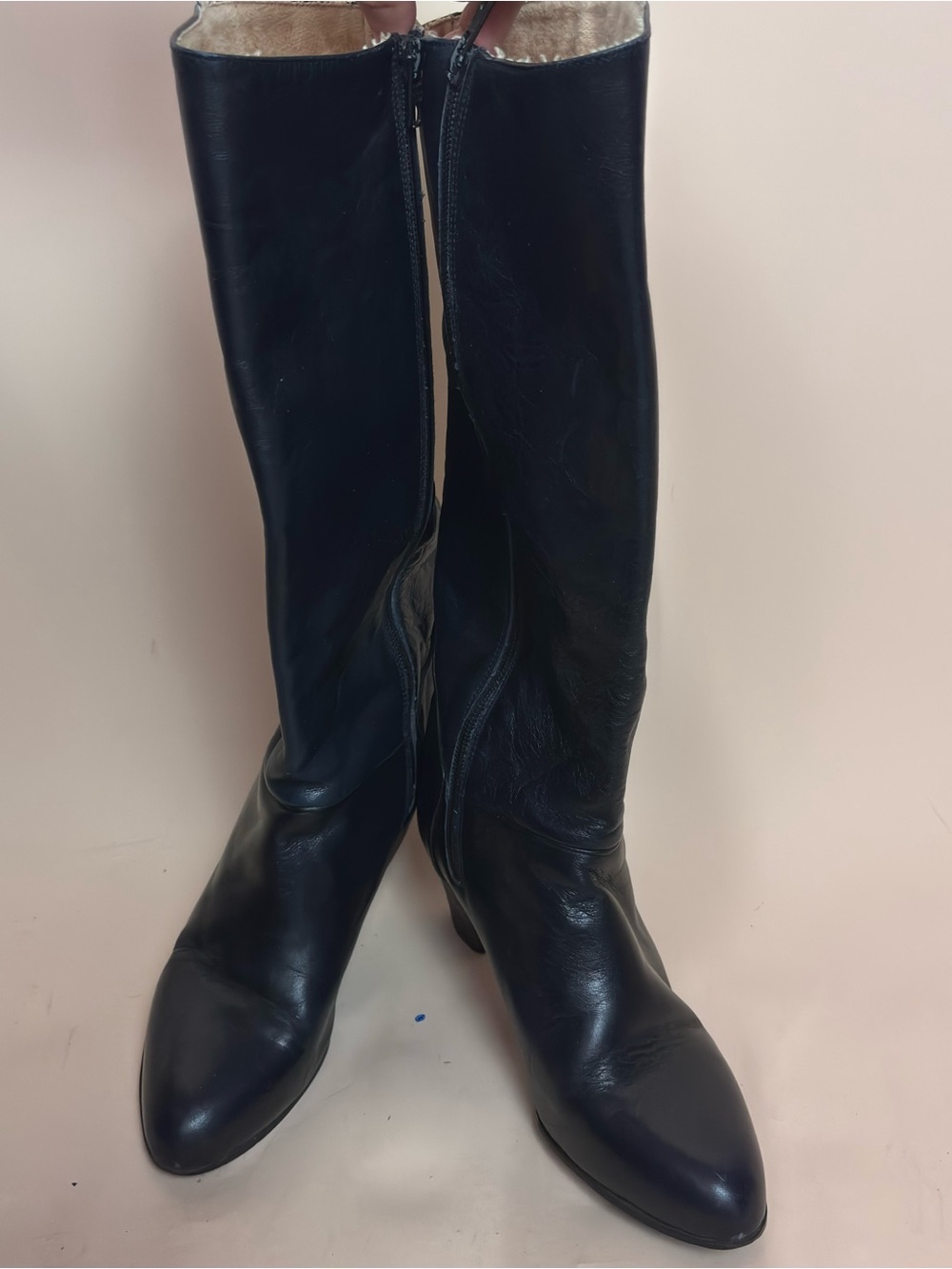 Vintage Navy Blue Leather Mid-Heel Zip Knee High Boot 8